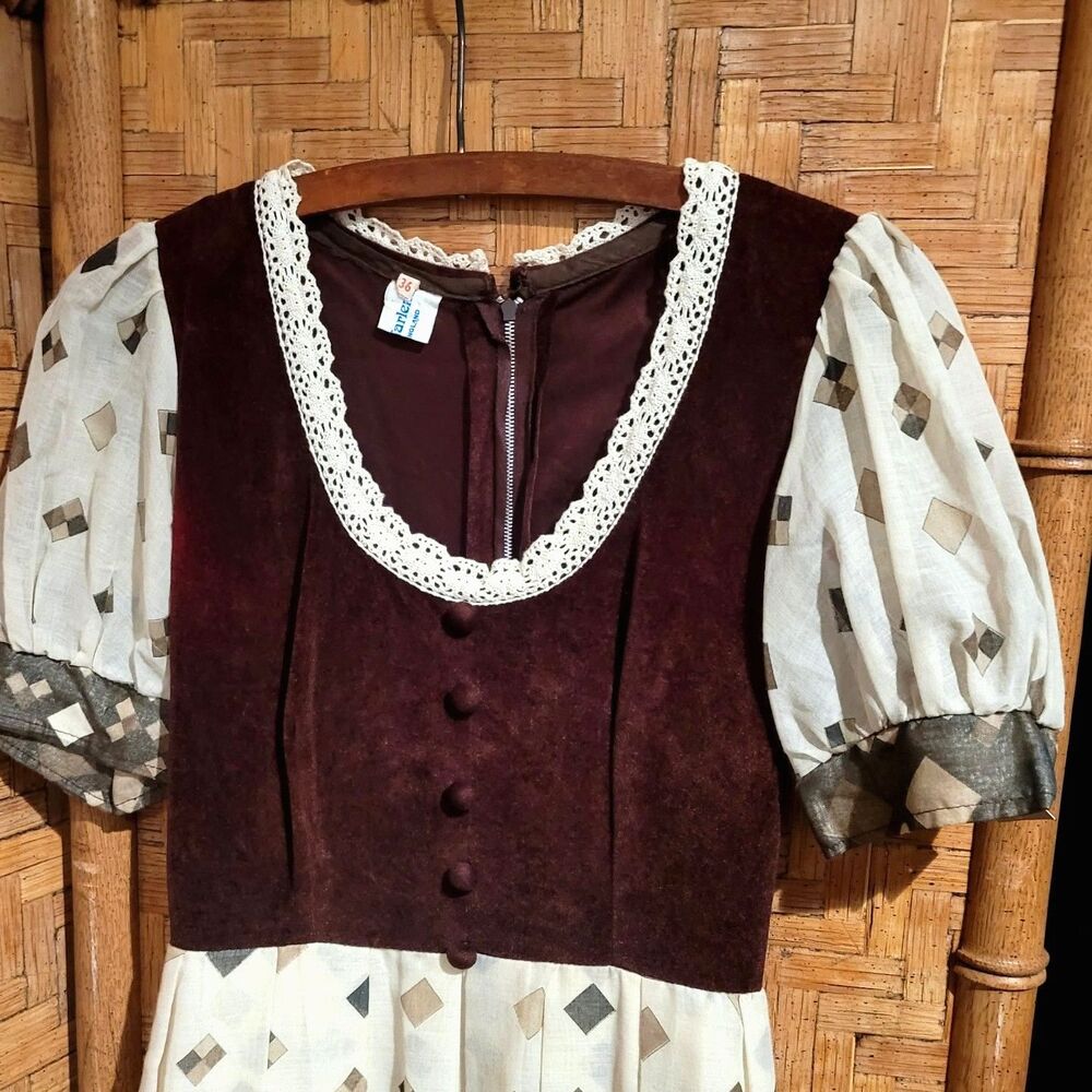 VTG 70s Miss Marlene Dress England Velour Renaissance Faire Cottagecore Maxi XS - Picture 8 of 13